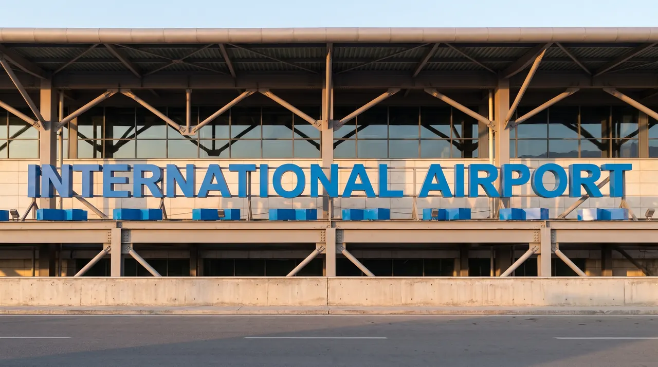 Royal blue 3D block letters reading International Airport, mounted on a steel frame along the canopy of an airport terminal, seen straight on at sunrise.