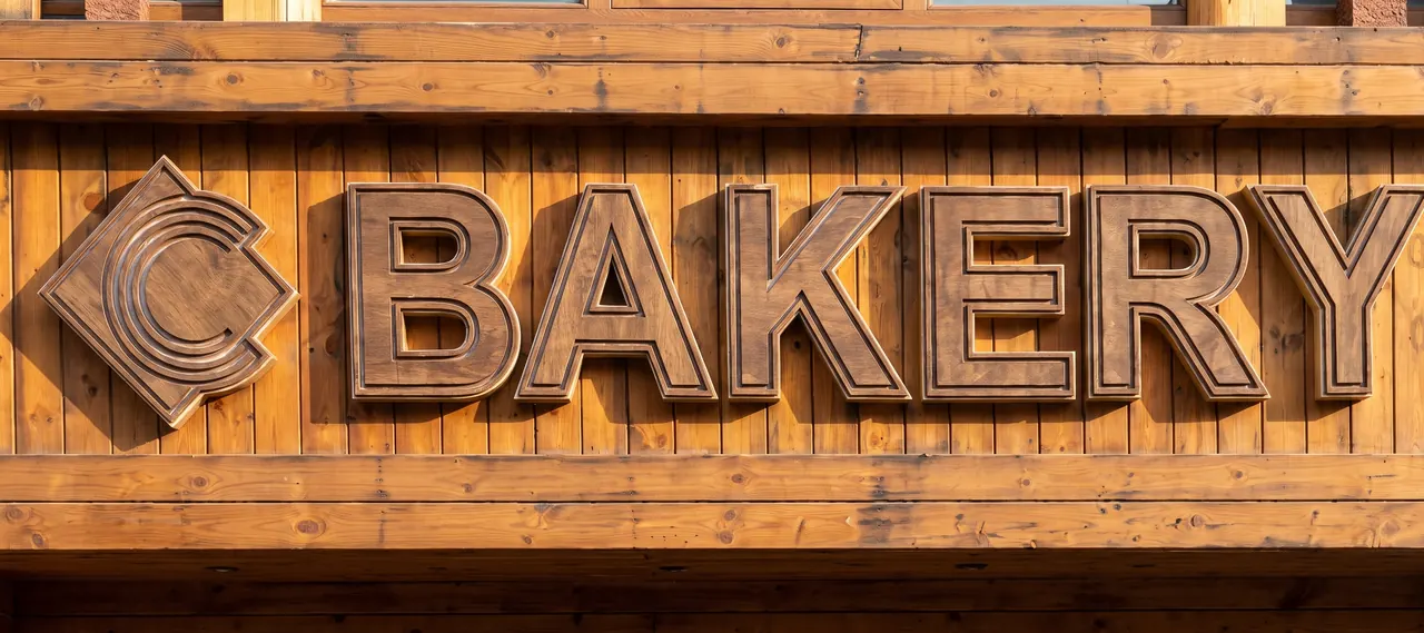 Bakery shopfront sign: timber-faced 3D letters spelling Bakery beside a diamond C logo, on vertical timber cladding.